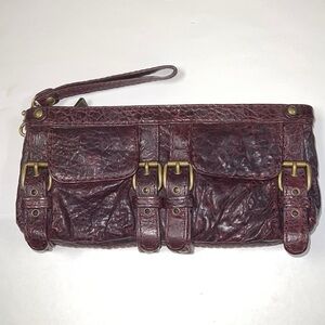 Kooba Wine Dark Red Leather Large Zippered Wristlet Clutch Bag